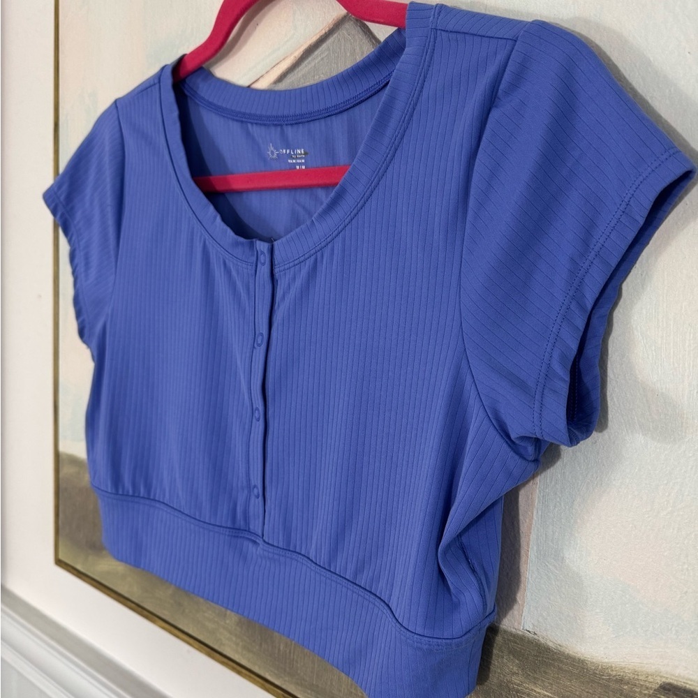 AERIE OFFLINE Real Me Cropped Snap Front Top Cornflower Blue Size M - Picture 5 of 7